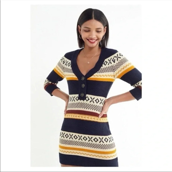 Urban Outfitters UO Isla Fair Isle Button Front Sweater Dress - Picture 1 of 9